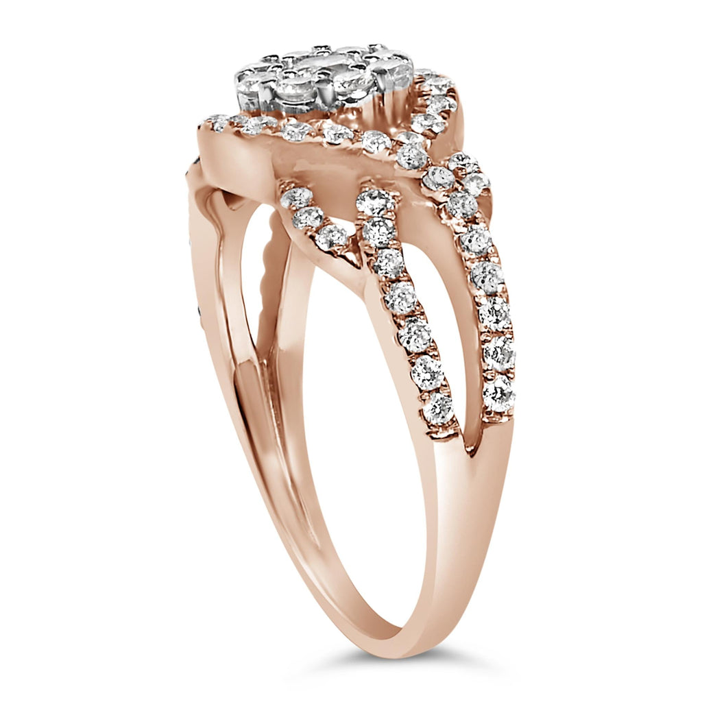 10K Rose Gold 3/4 Cttw Diamond Floral Cluster Head and Twisted Shank Cocktail  Ring (H-I Color, SI1-SI2 Clarity)-