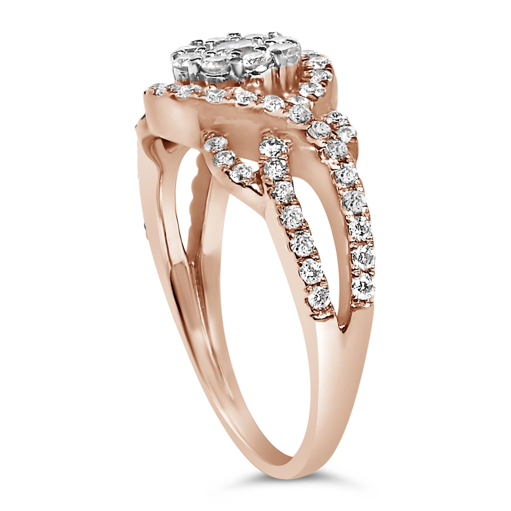 10K Rose Gold 3/4 Cttw Diamond Floral Cluster Head and Twisted Shank Cocktail  Ring (H-I Color, SI1-SI2 Clarity)-