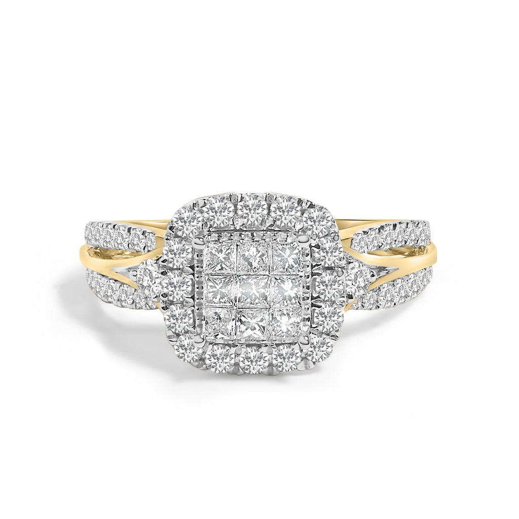 10K Yellow Gold 1.0 Cttw Diamond Composite Cushion-Shape Halo 3-Band-Look Engagement Ring (H-I Color, SI1-SI2 Clarity)