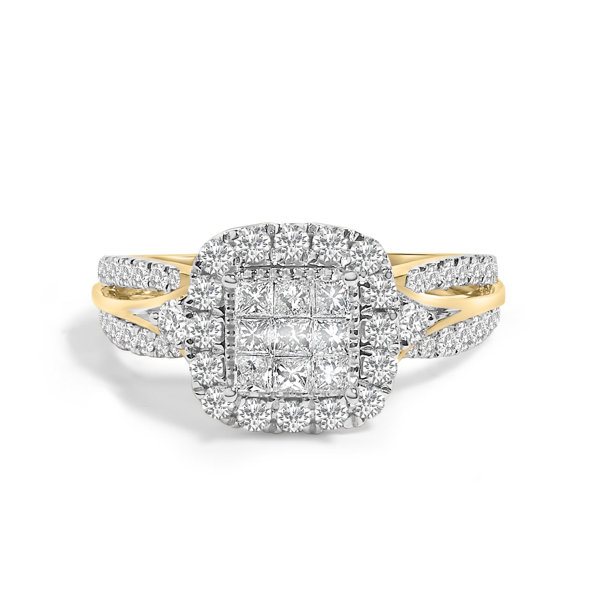 10K Yellow Gold 1.0 Cttw Diamond Composite Cushion-Shape Halo 3-Band-Look Engagement Ring (H-I Color, SI1-SI2 Clarity)
