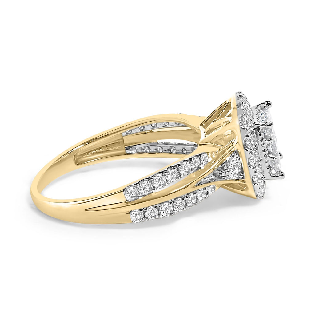 10K Yellow Gold 1.0 Cttw Diamond Composite Cushion-Shape Halo 3-Band-Look Engagement Ring (H-I Color, SI1-SI2 Clarity)