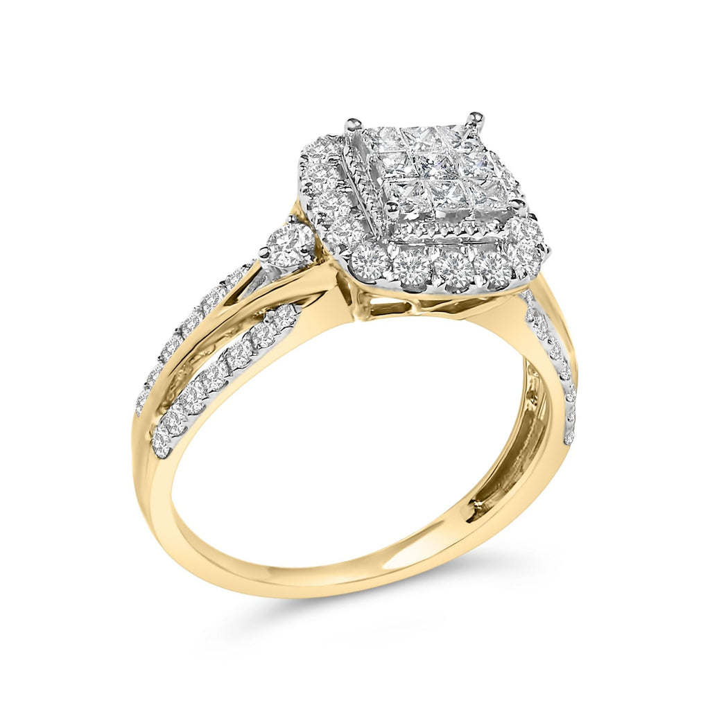 10K Yellow Gold 1.0 Cttw Diamond Composite Cushion-Shape Halo 3-Band-Look Engagement Ring (H-I Color, SI1-SI2 Clarity)