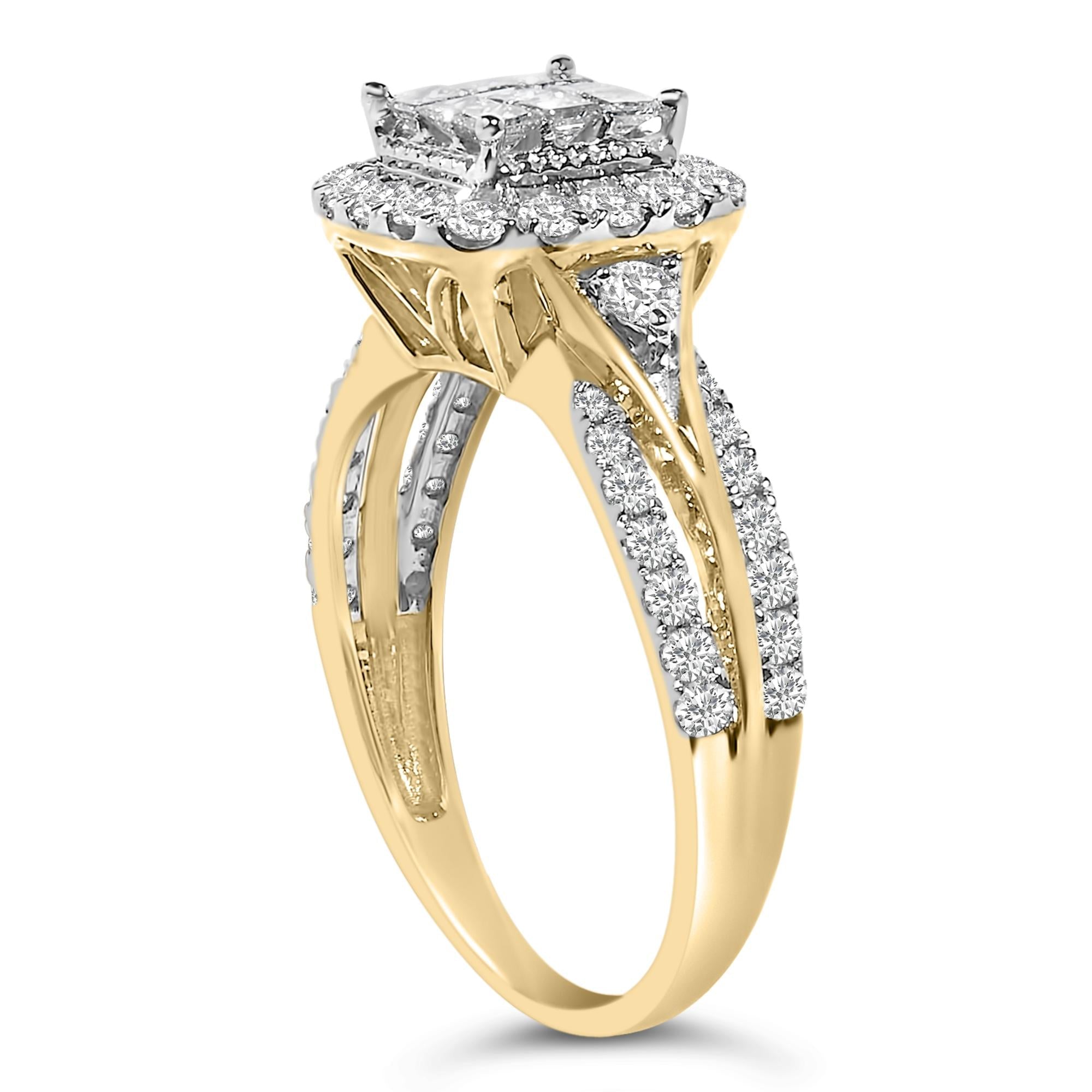 10K Yellow Gold 1.0 Cttw Diamond Composite Cushion-Shape Halo 3-Band-Look Engagement Ring (H-I Color, SI1-SI2 Clarity)