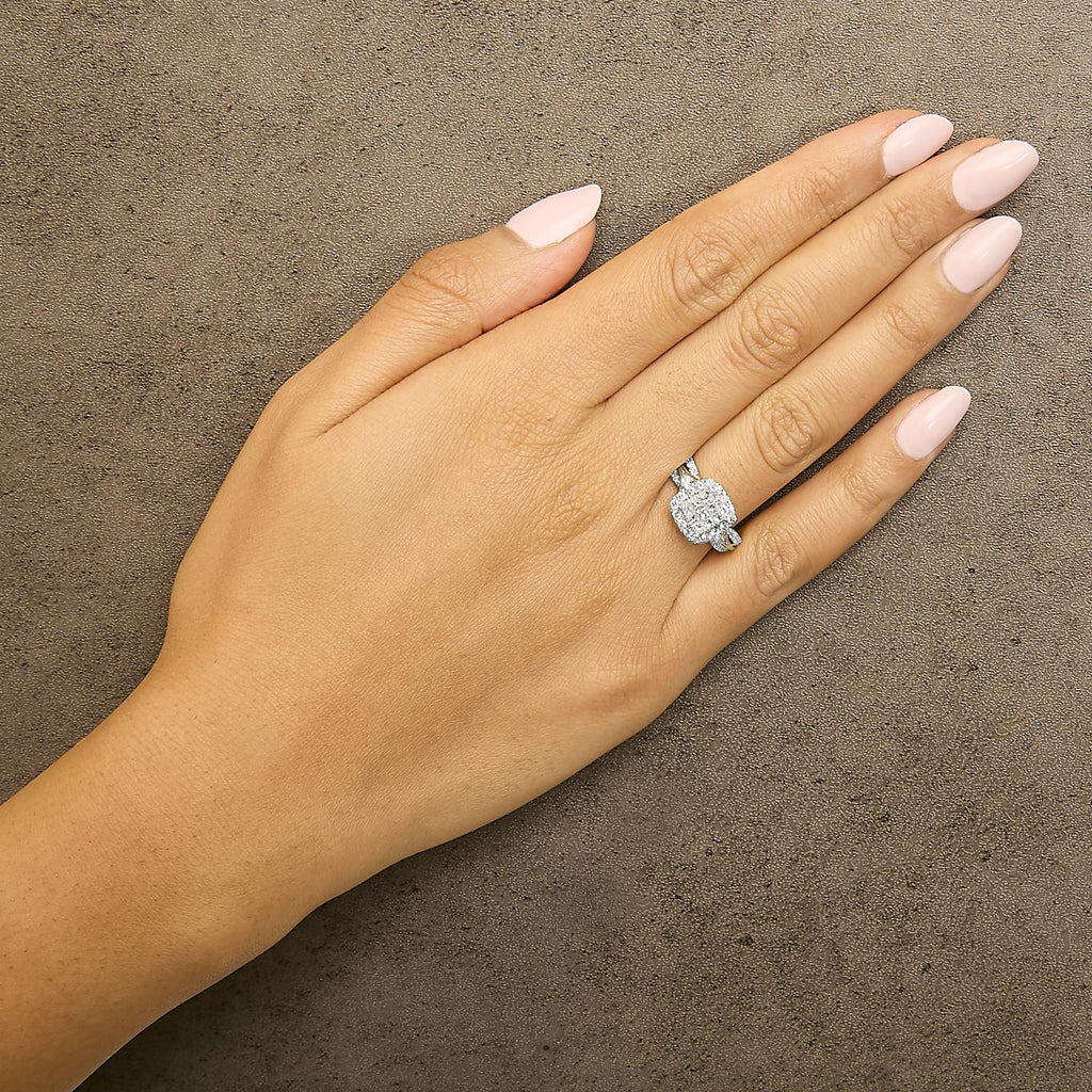 10K Yellow Gold 1.0 Cttw Diamond Composite Cushion-Shape Halo 3-Band-Look Engagement Ring (H-I Color, SI1-SI2 Clarity)