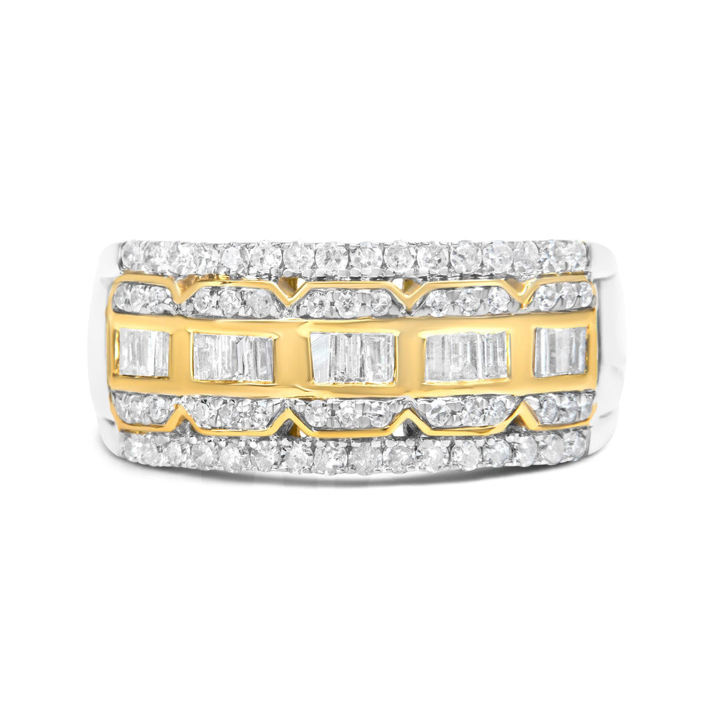 10K White and Yellow Gold 1.00 Cttw Baguette and Round cut Diamond Art Deco Multi-Row Ring Band (I-J Color, I1-I2 Clarity)
