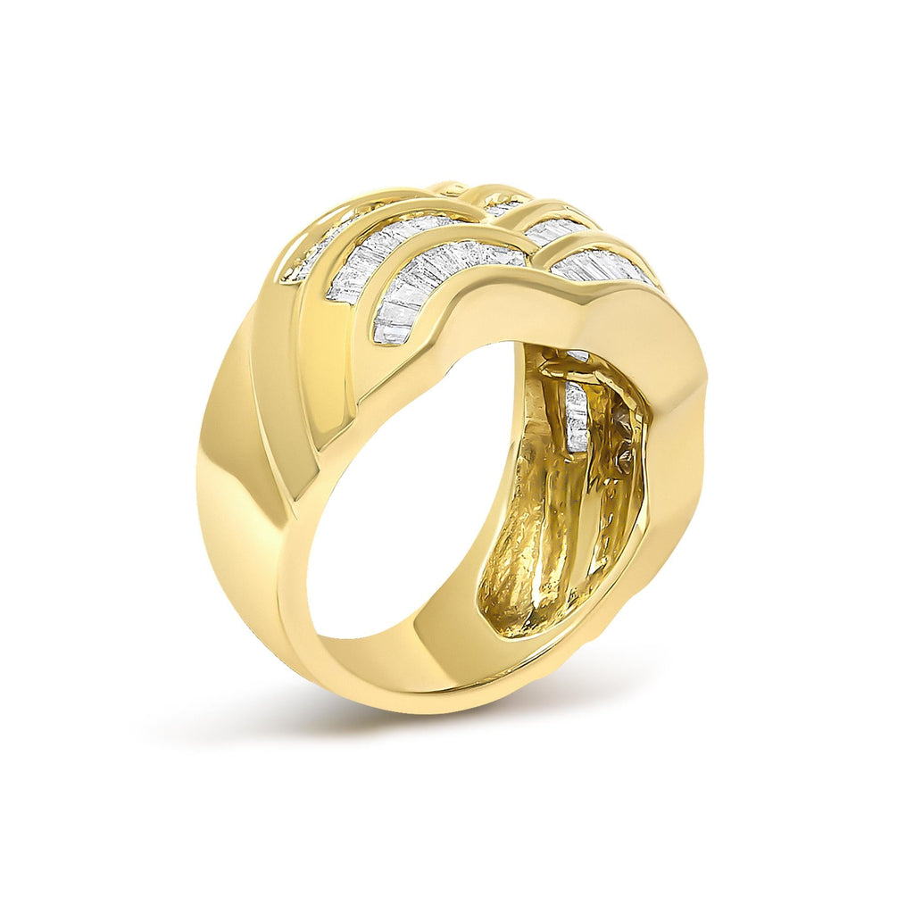 14K Yellow Gold 1-1/3 Cttw Baguette Diamond Wave Design Band Ring