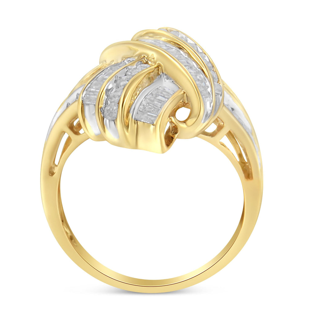 10K Yellow Gold Plated .925 Sterling Silver 1.0 Cttw Round & Baguette Diamond Knot Channel Statement Ring (I-J Color, I2-I3 Clarity)