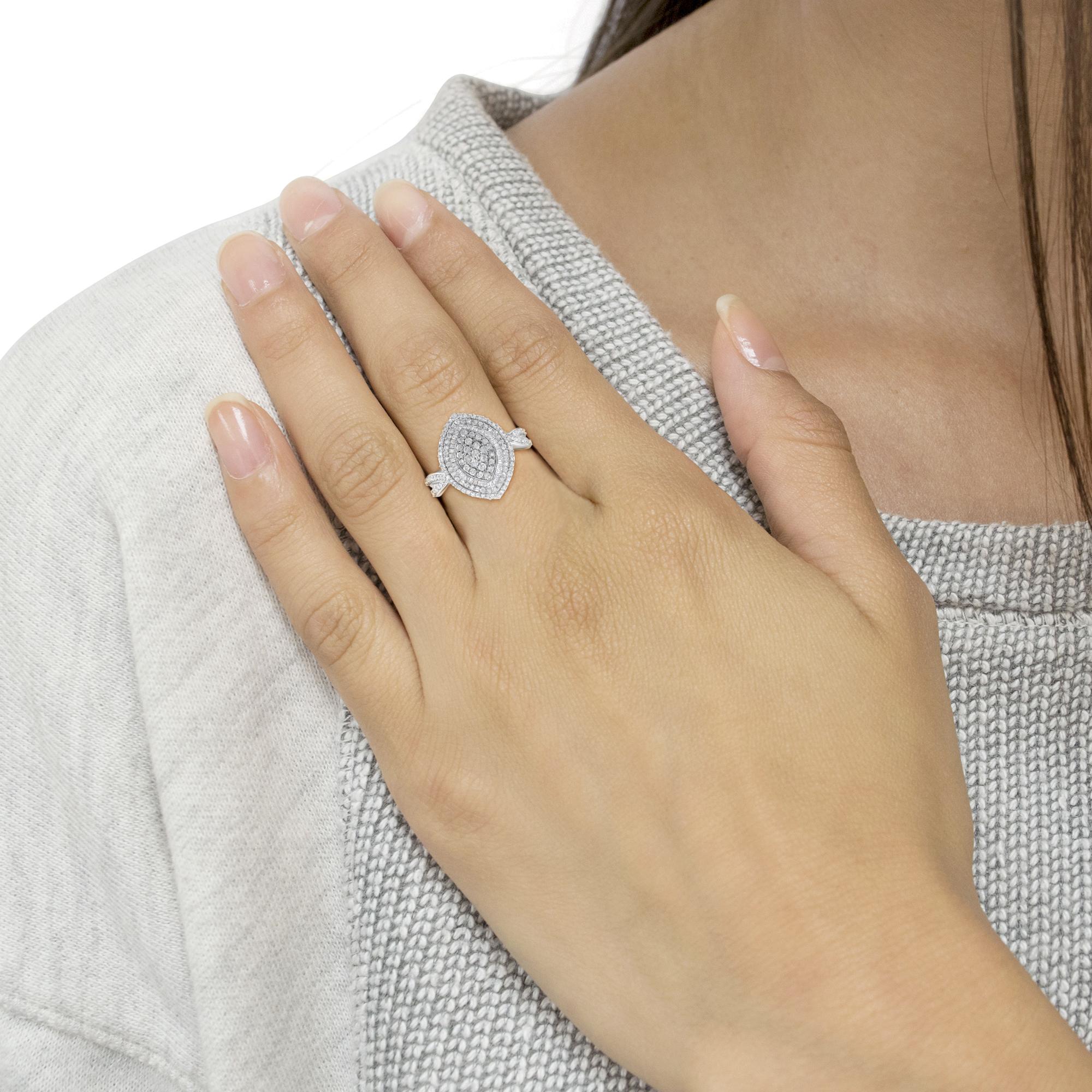 .925 Sterling Silver 1.0 Cttw Round & Baguette-Cut Diamond Marquise-Shaped Cluster Triple Stepped Halo Cocktail Fashion Ring (I-J Color, I2-I3 Clarity)