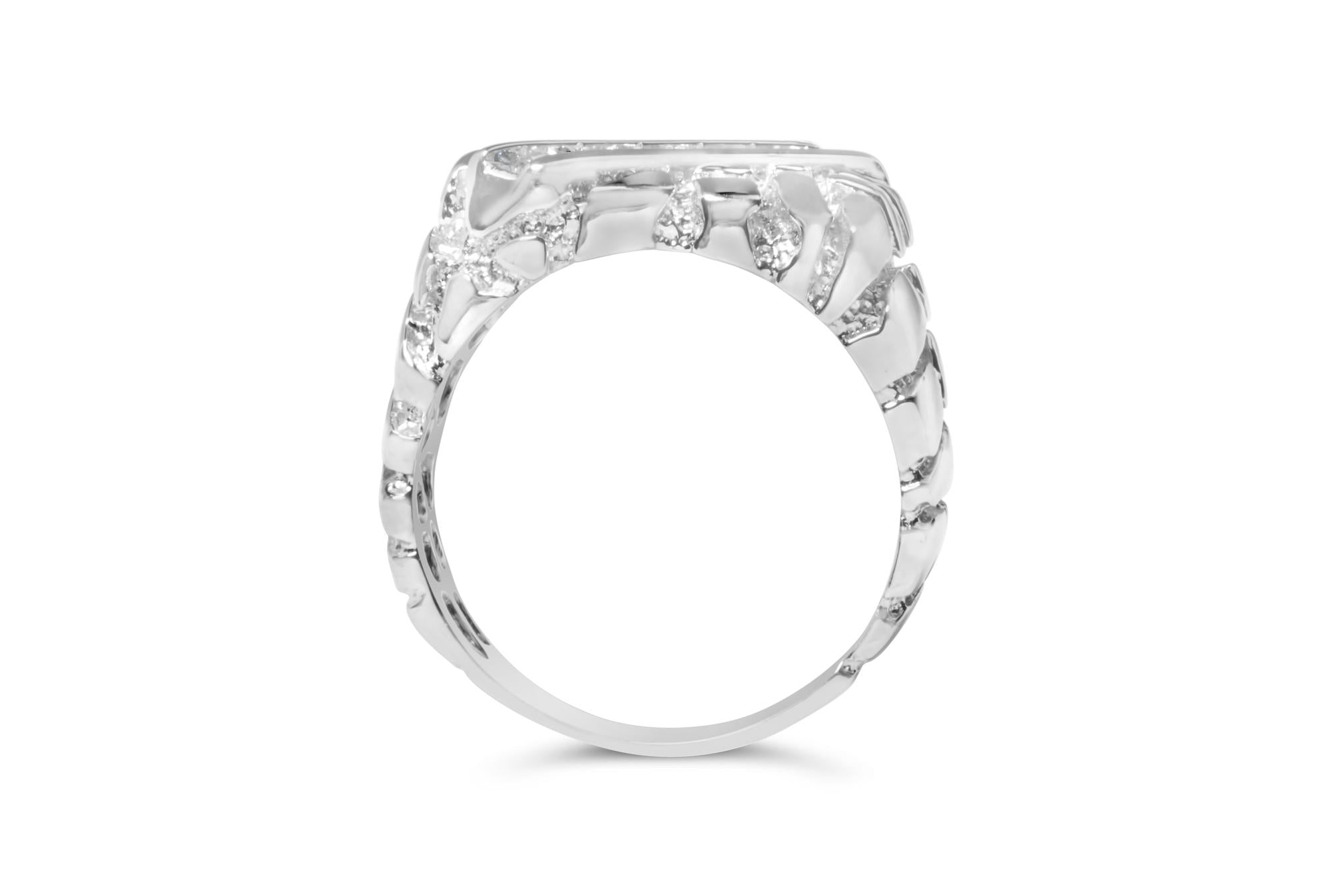 .925 Sterling Silver 1/3 Diamond 6 Stone Rectangle Nugget Gents Ring