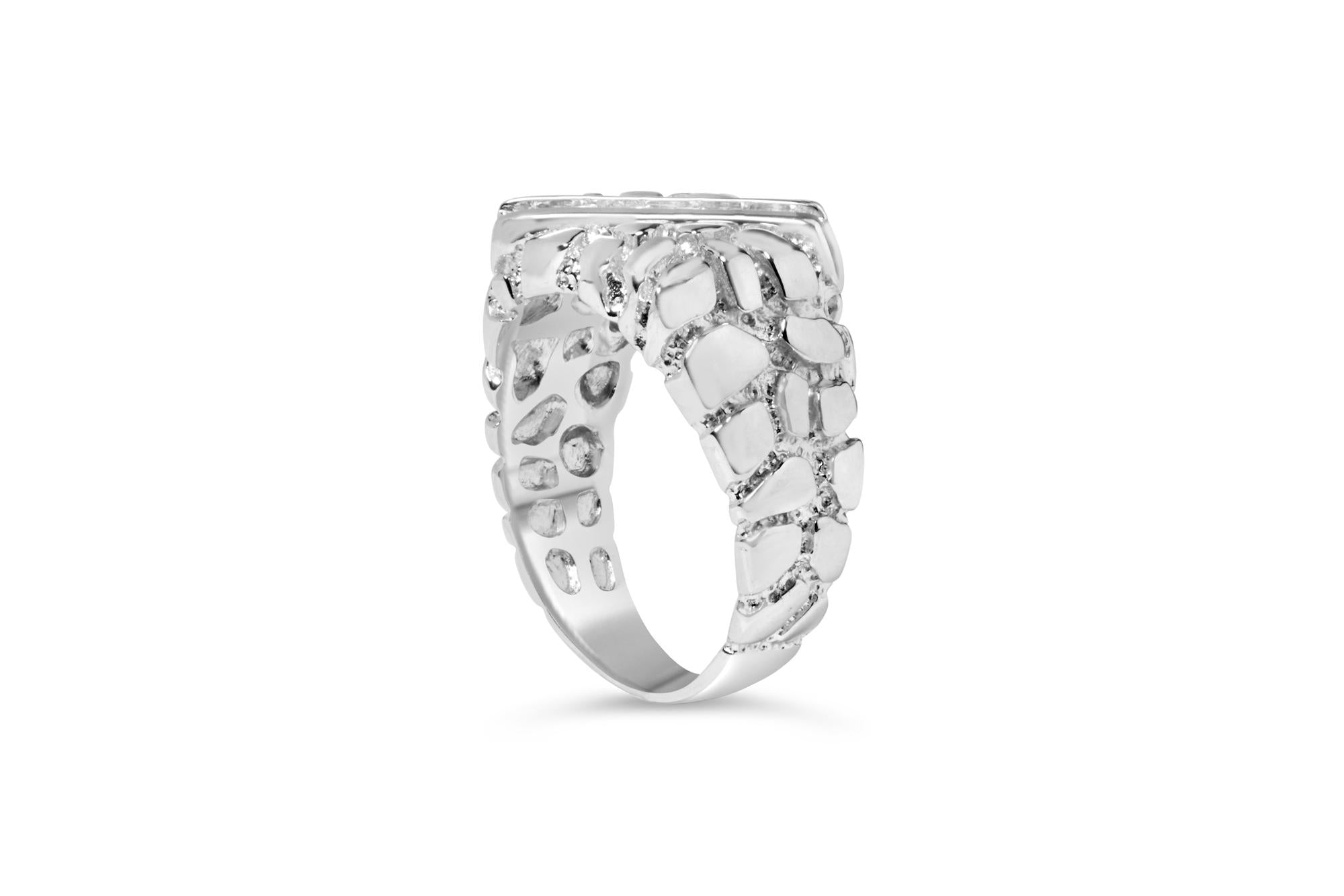 .925 Sterling Silver 1/3 Diamond 6 Stone Rectangle Nugget Gents Ring