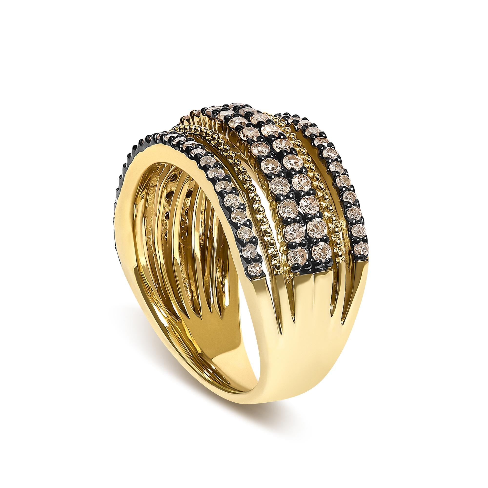 10K Yellow Gold Plated Sterling Silver 1.00 Cttw Champagne Diamond Multi Layer Band Ring