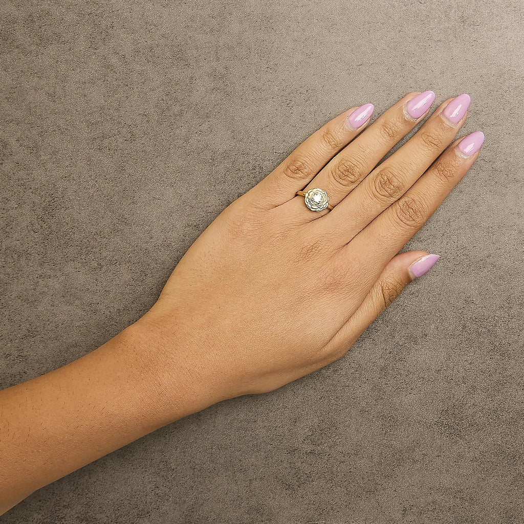 14K Yellow Gold Plated Sterling Silver 1/3 Cttw Lab Grown Diamond Floral Motif Solitaire Ring