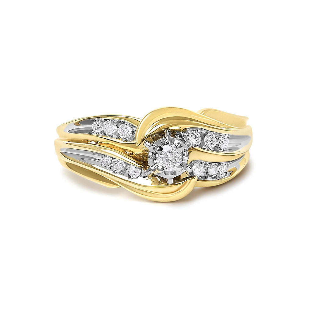 14K Yellow Gold 1/4 Cttw Round Diamond Wave Motif Bypass Ring
