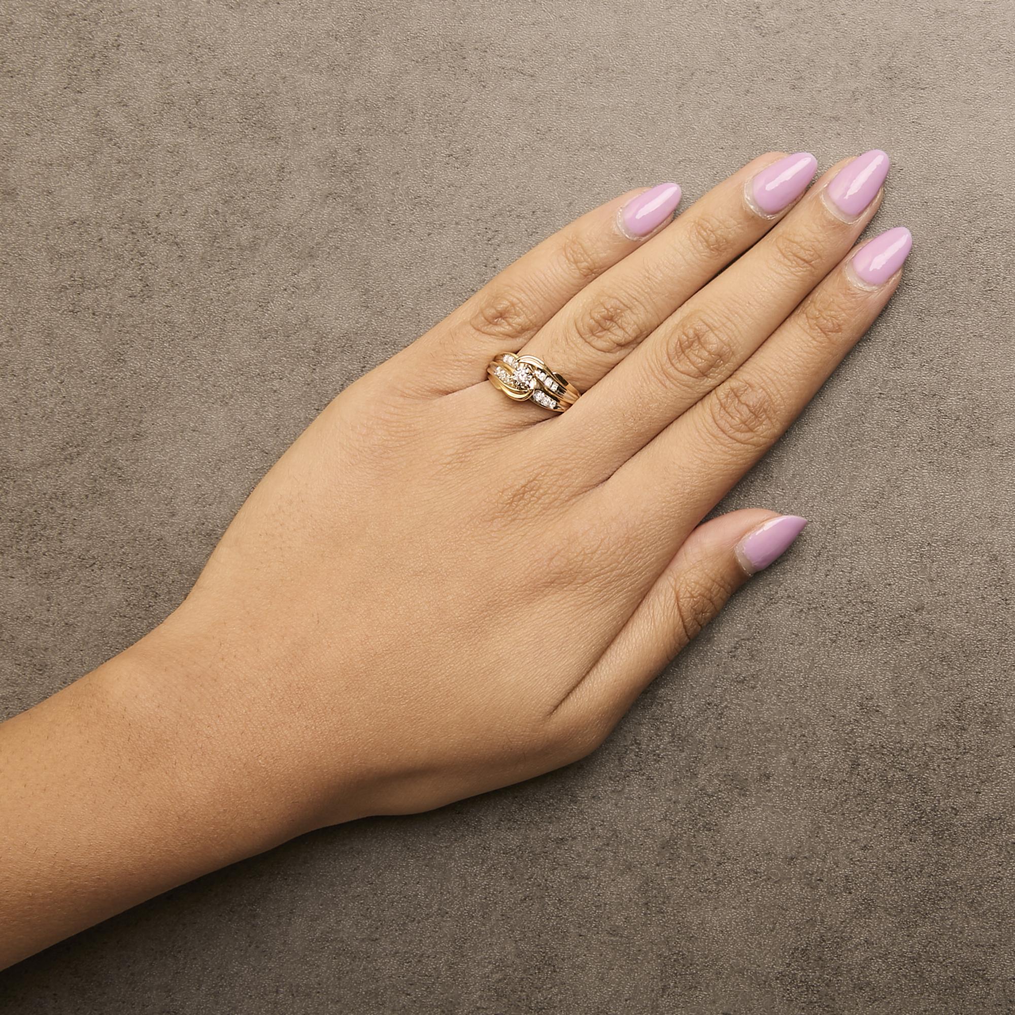 14K Yellow Gold 1/4 Cttw Round Diamond Wave Motif Bypass Ring