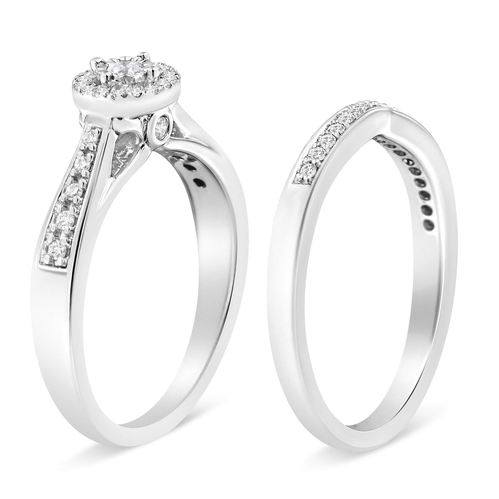 .925 Sterling Silver 1/3 Cttw Diamond Halo and Pave Shank Engagement Ring Set (I-J Color, I3 Clarity)
