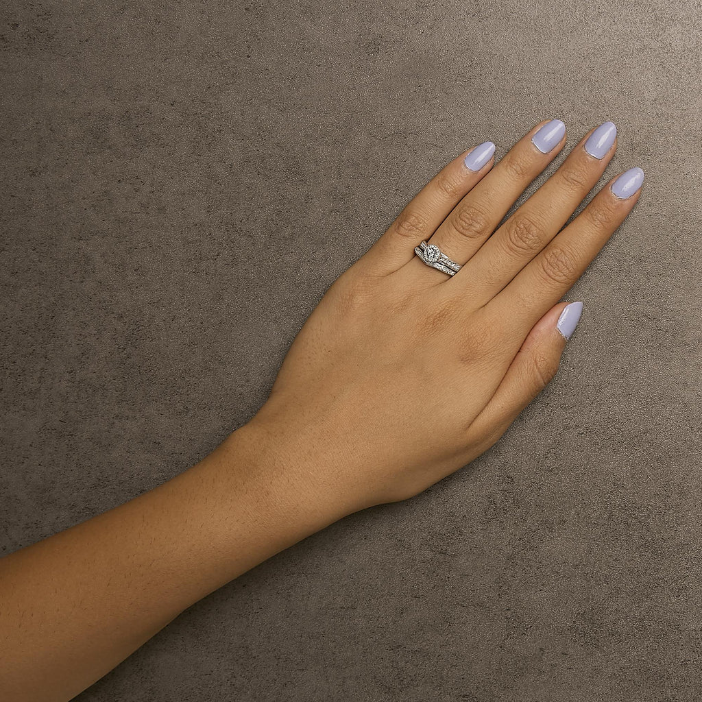 .925 Sterling Silver 1/3 Cttw Diamond Halo and Pave Shank Engagement Ring Set (I-J Color, I3 Clarity)