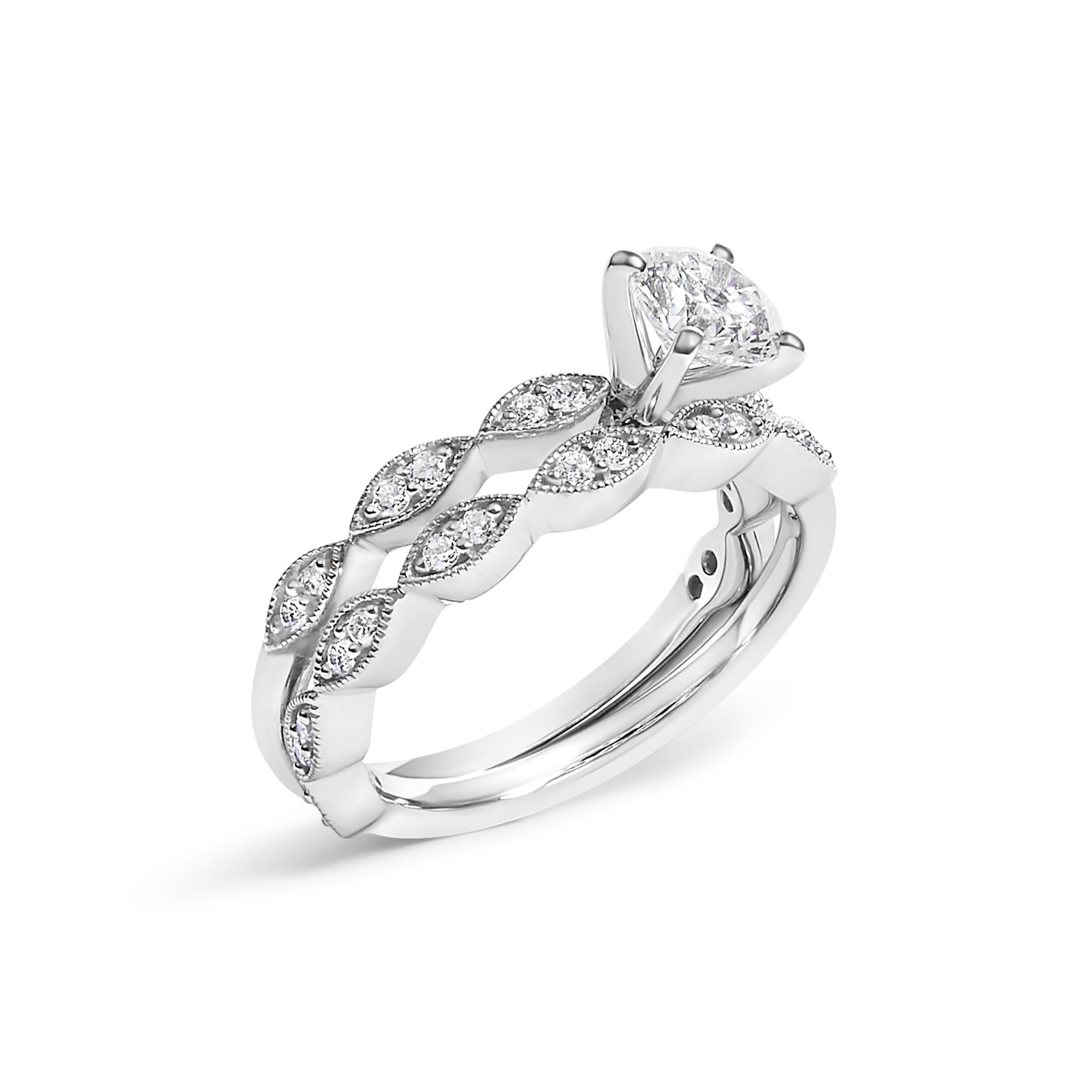 14K White Gold 1.0 Cttw Lab Grown Diamond Vintage Style Marquise Link Bridal Ring Set (F-G Color, VS1-VS2 Clarity)