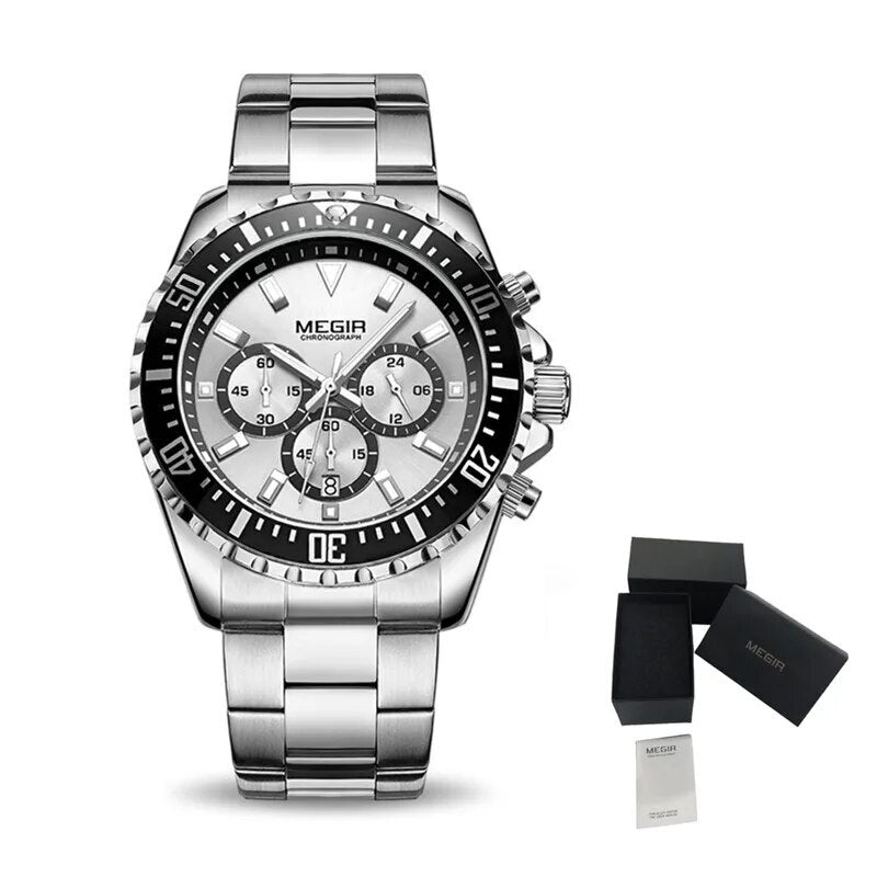 MEGIR Original Luxury Men Business Quartz Watch Stainless Steel Bracelet Chronograph Male Military Wristwatch Clock Relogio Masculino 2064