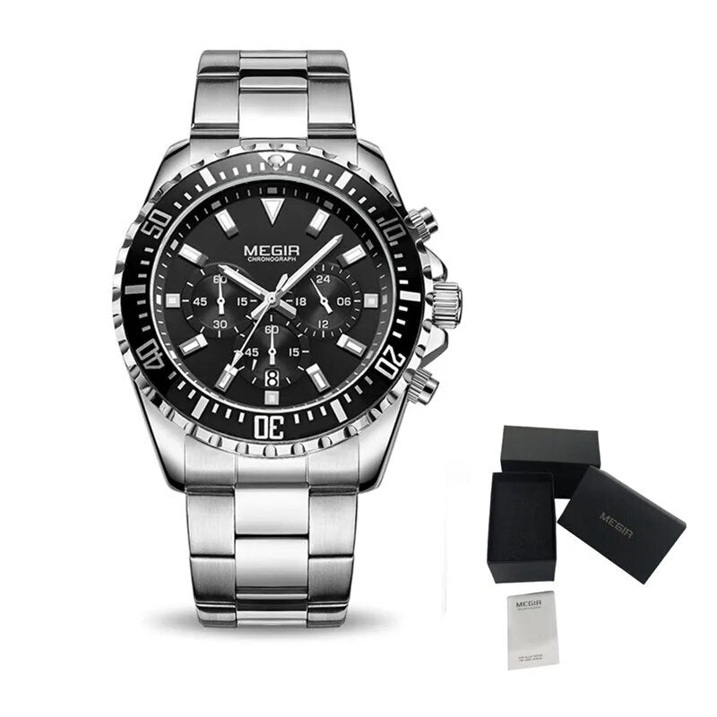 MEGIR Original Luxury Men Business Quartz Watch Stainless Steel Bracelet Chronograph Male Military Wristwatch Clock Relogio Masculino 2064