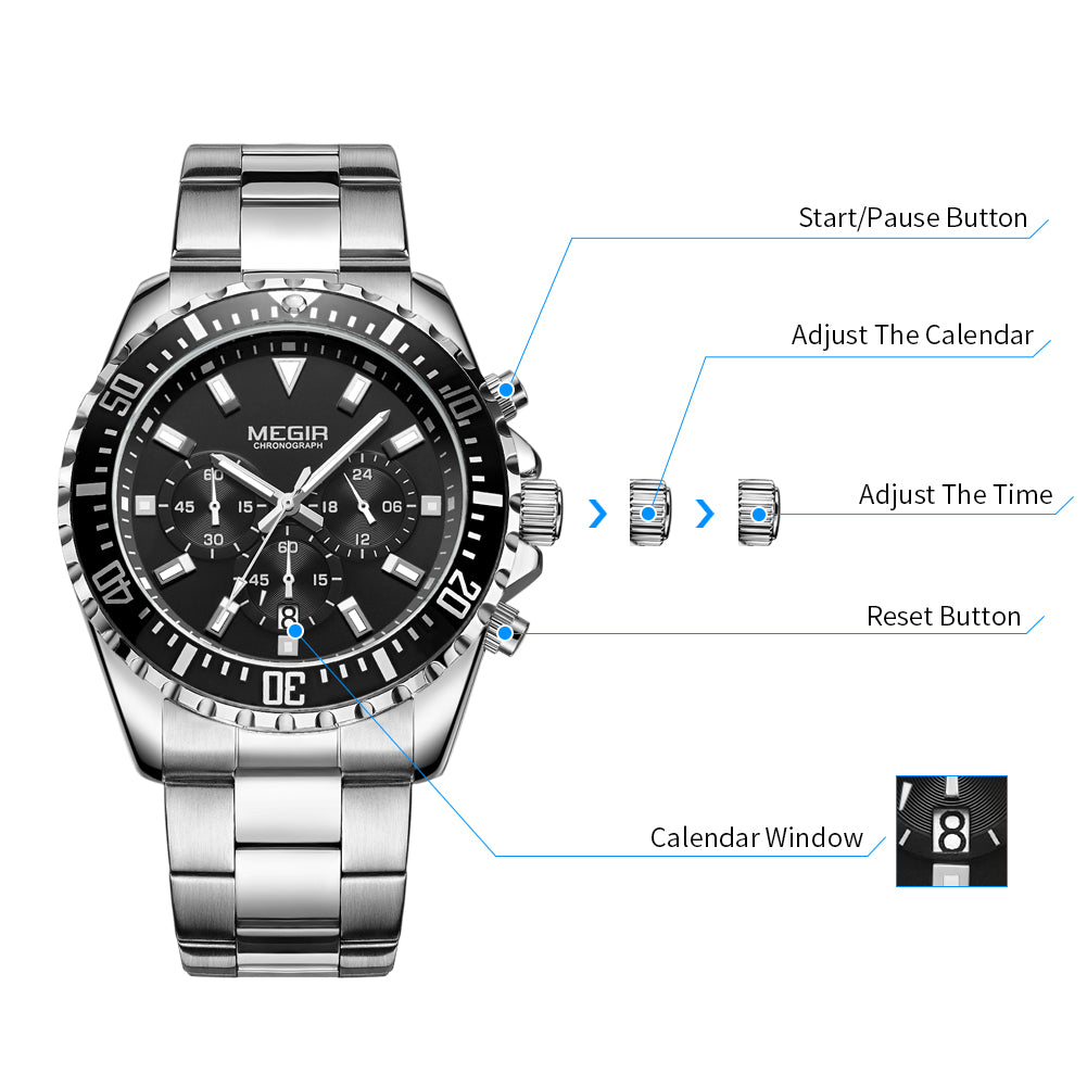 MEGIR Original Luxury Men Business Quartz Watch Stainless Steel Bracelet Chronograph Male Military Wristwatch Clock Relogio Masculino 2064