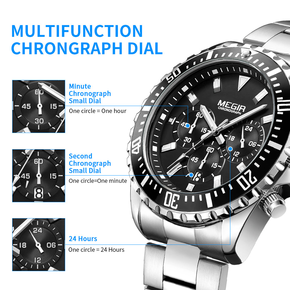 MEGIR Original Luxury Men Business Quartz Watch Stainless Steel Bracelet Chronograph Male Military Wristwatch Clock Relogio Masculino 2064