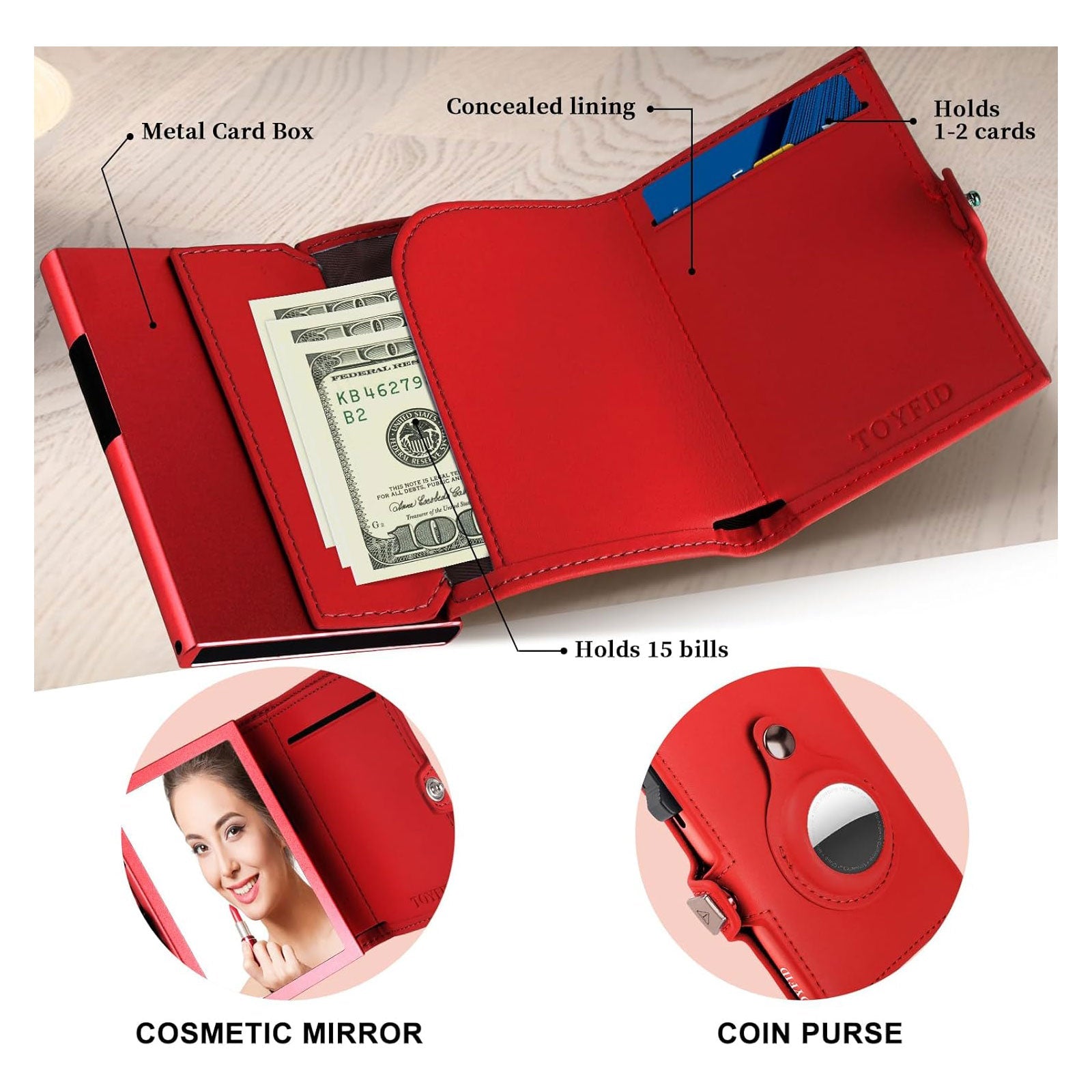 Women's Wallet for Airtag, Small Pretty Wallet with Mirror for Women, Pop-Up Wallet Compatible with Airtag, Tri-fold Genuine Leather Wallet Women with Mirror