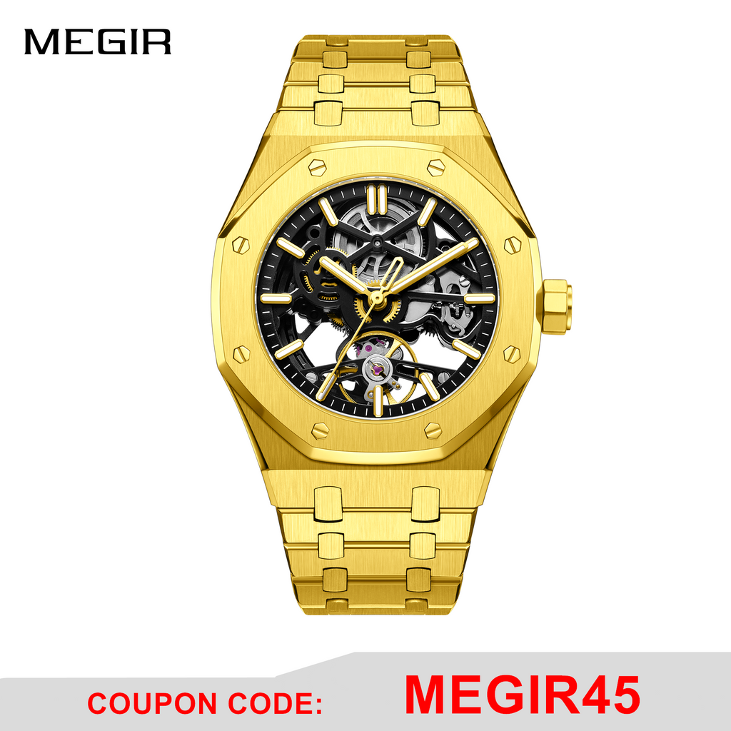 MEGIR Luxury Mechanical Watch for Men Waterproof Automatic Movement Holllow Dial Men's Wrist Watches Stainless Steel 9005-4-0