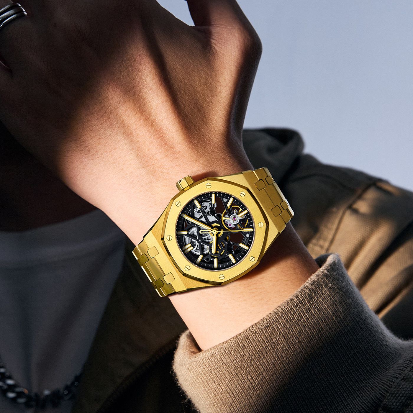 MEGIR Luxury Mechanical Watch for Men Waterproof Automatic Movement Holllow Dial Men's Wrist Watches Stainless Steel 9005-4-1