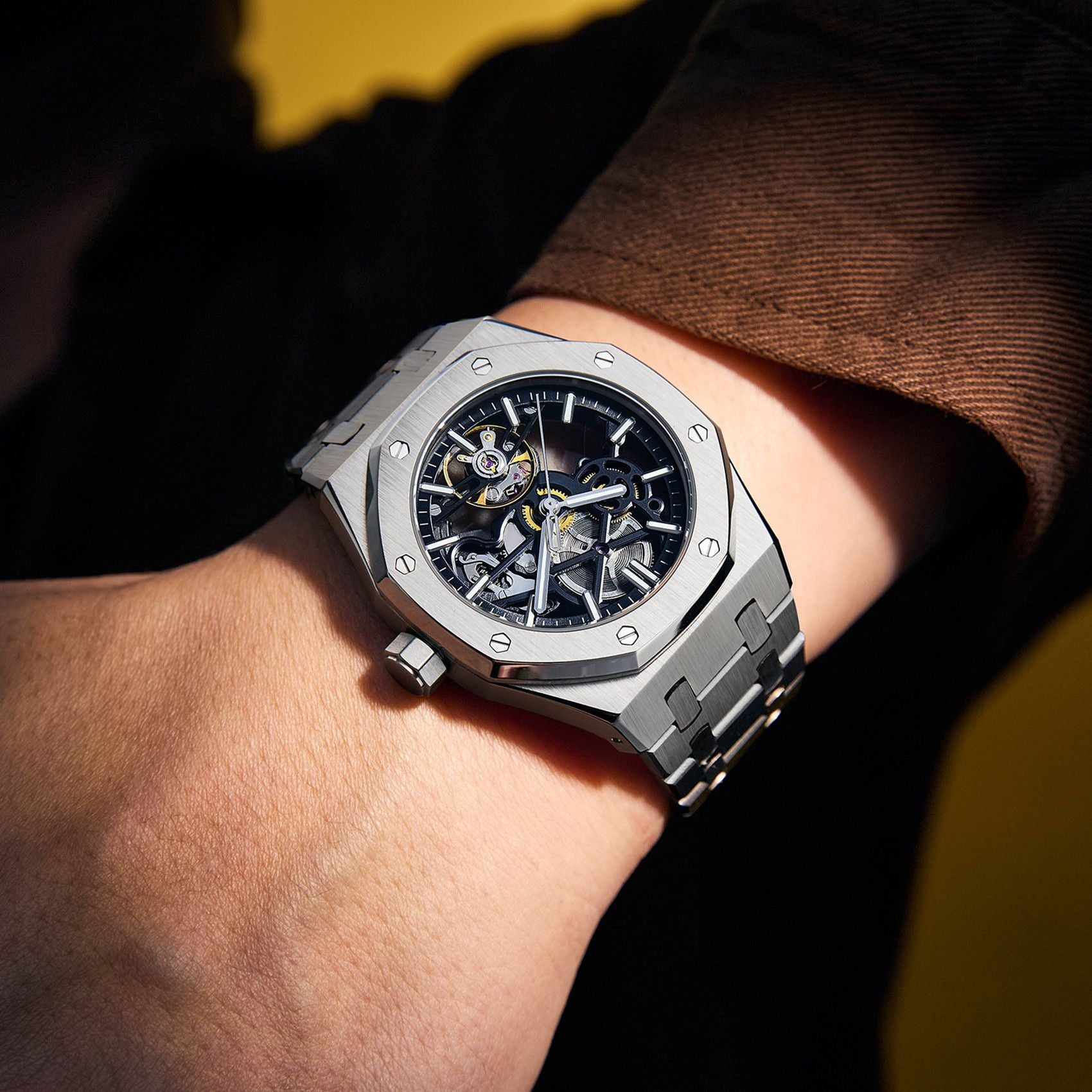 MEGIR Luxury Mechanical Watch for Men Waterproof Automatic Movement Holllow Dial Men's Wrist Watches Stainless Steel 9005-4-4