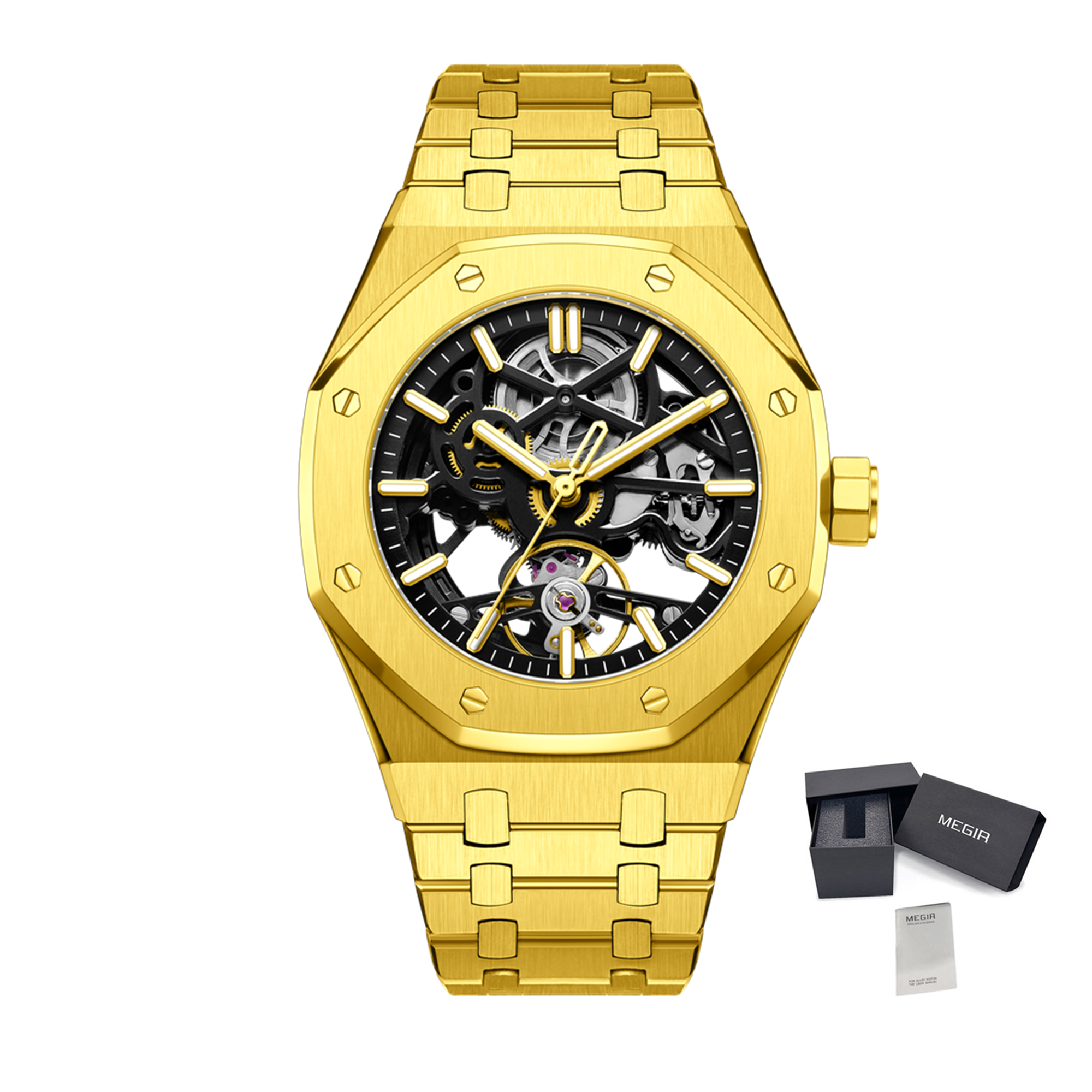 MEGIR Luxury Mechanical Watch for Men Waterproof Automatic Movement Holllow Dial Men's Wrist Watches Stainless Steel 9005-4-15