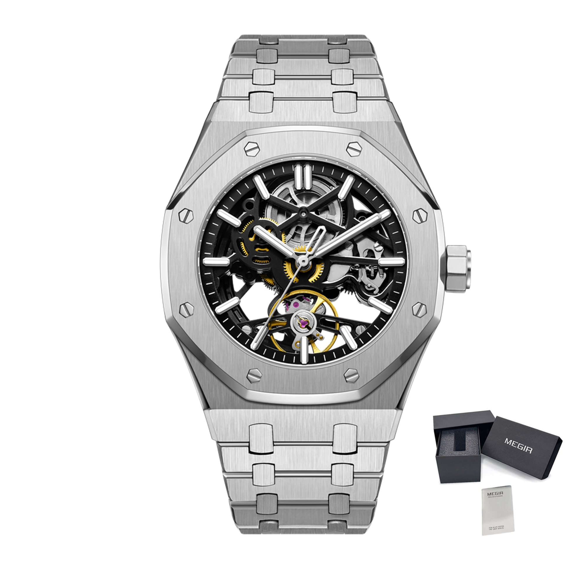 MEGIR Luxury Mechanical Watch for Men Waterproof Automatic Movement Holllow Dial Men's Wrist Watches Stainless Steel 9005-4-16