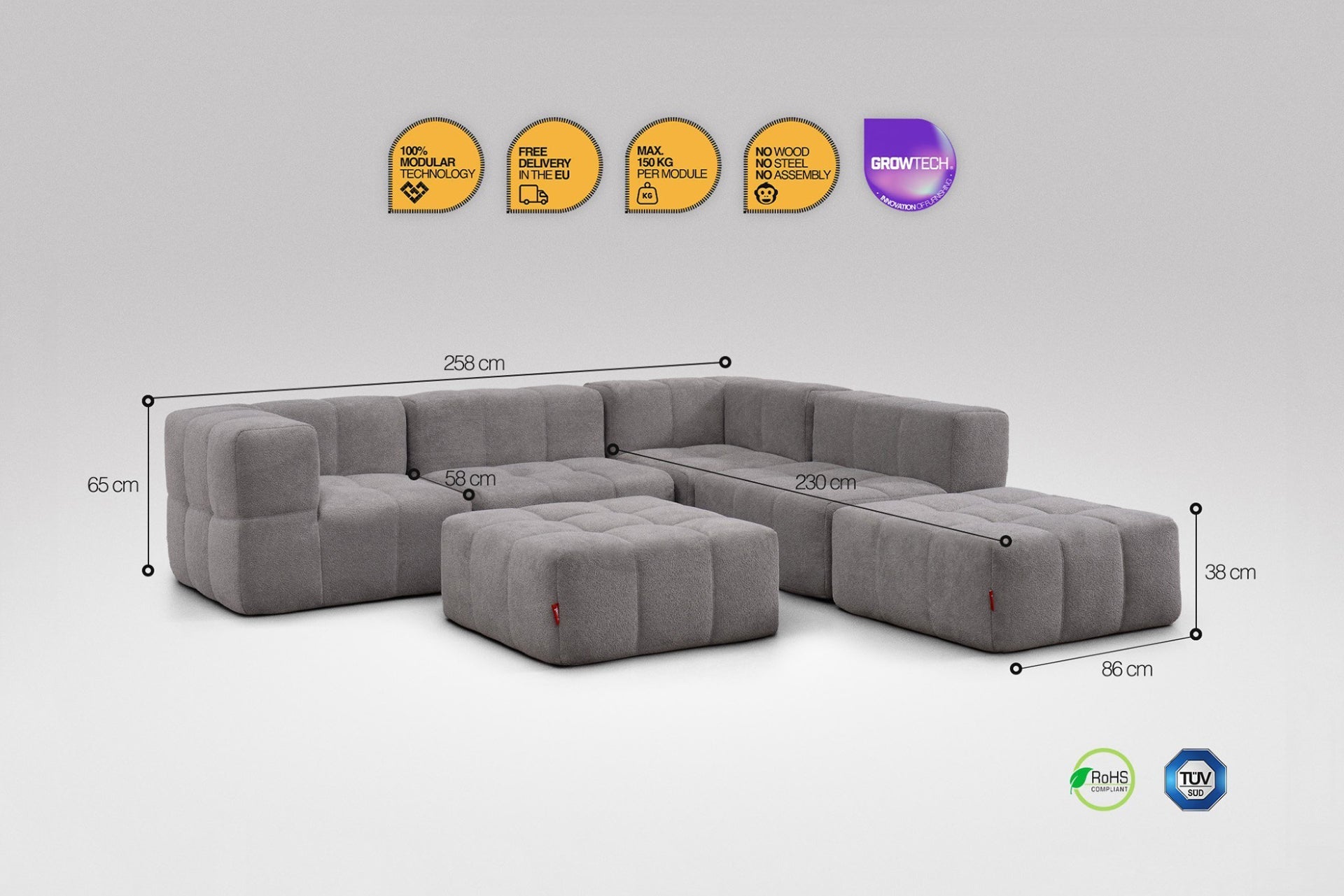 6 Teiliges Modulares Sofa – Grau