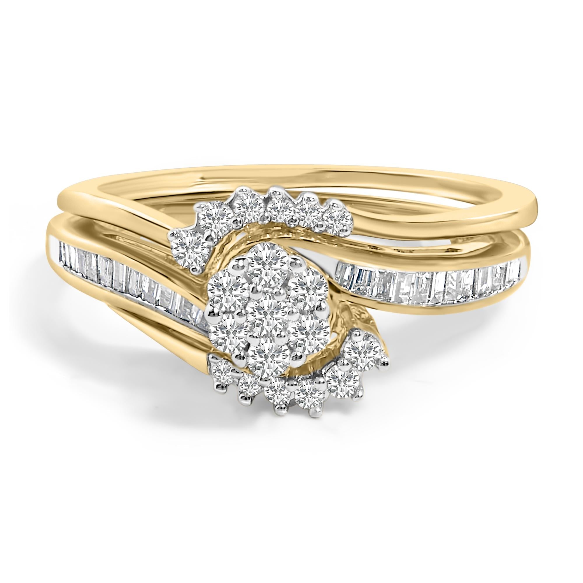 14K Yellow Gold Plated Sterling Silver 1/2 Cttw Diamond Cluster Spiral Bridal Set
