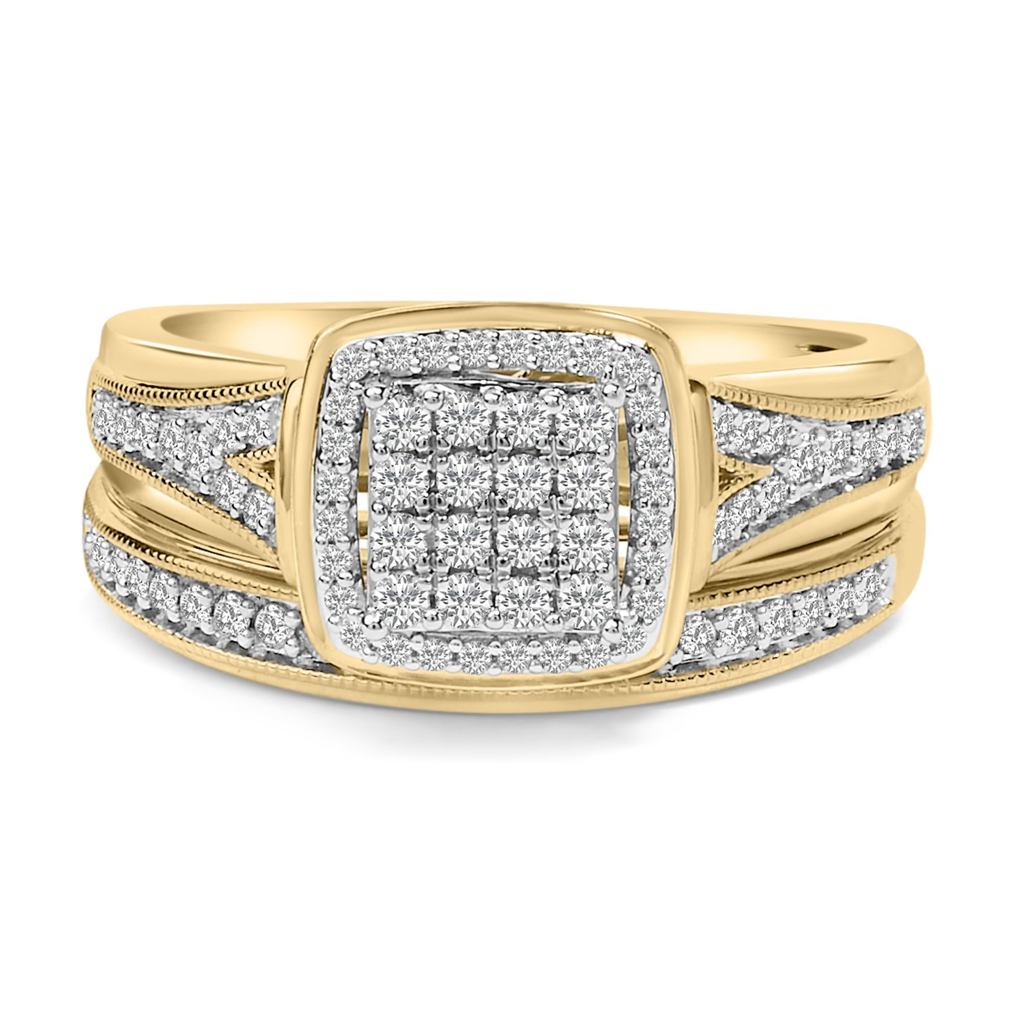 14K Yellow Gold Plated Sterling Silver 1/2 Cttw Diamond Square Cluster Bridal Set-0