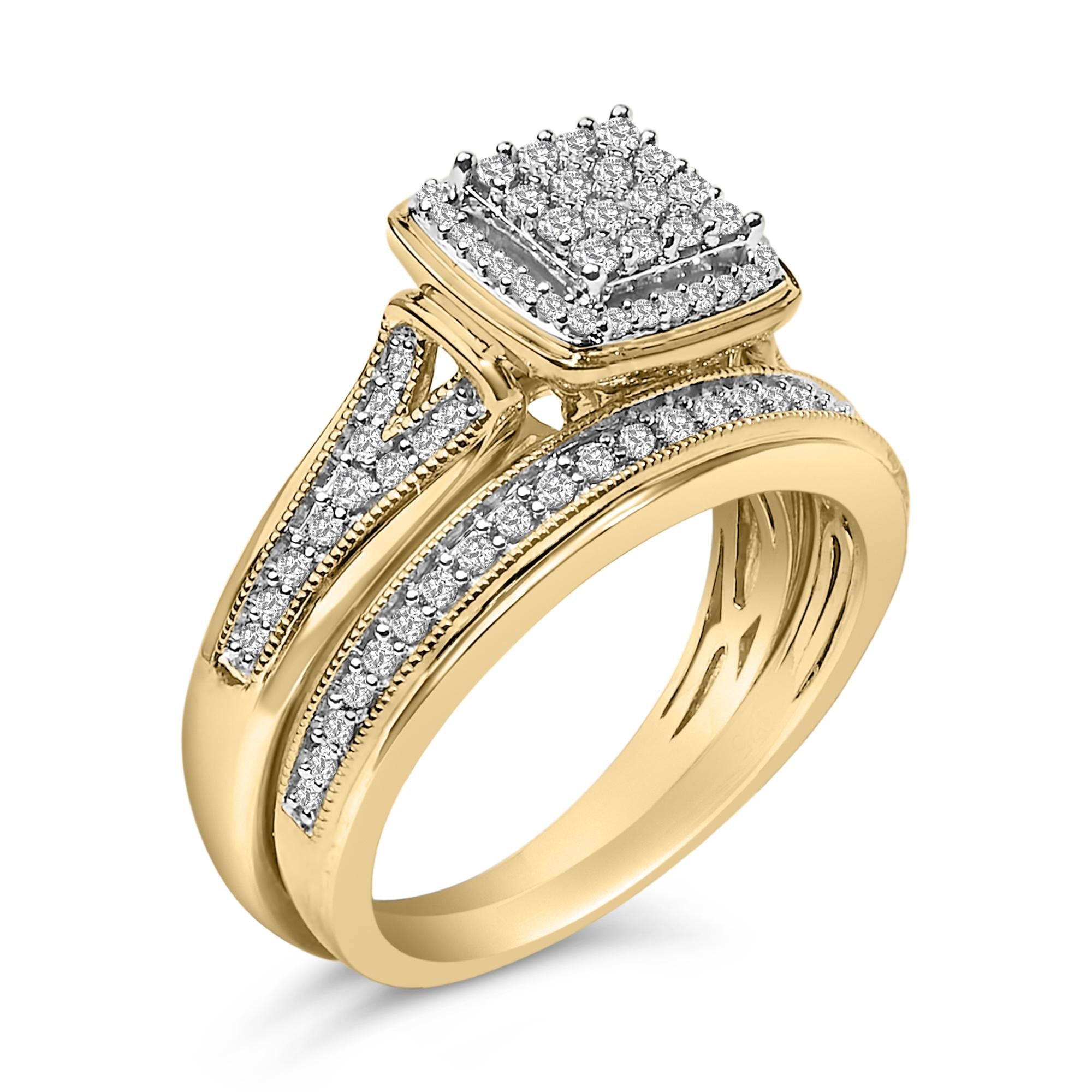 14K Yellow Gold Plated Sterling Silver 1/2 Cttw Diamond Square Cluster Bridal Set-3