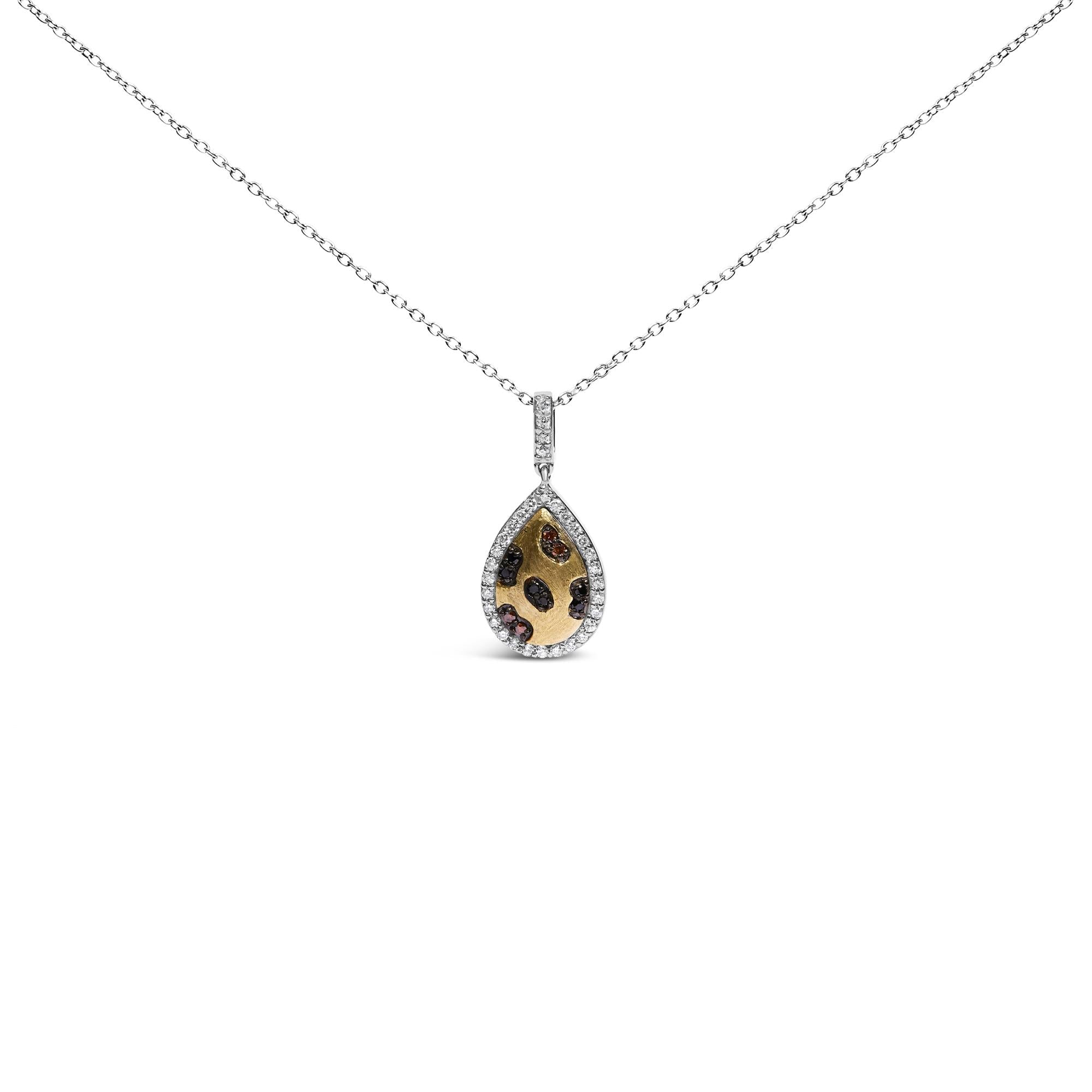 10K Yellow Gold Plated Sterling Silver Mixed Color Diamond Accent Pear Halo Pendant Necklace