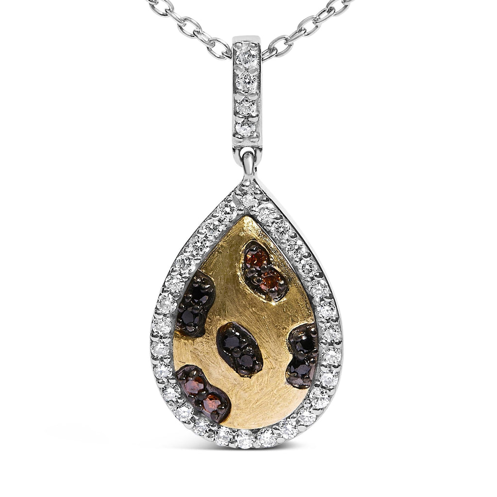 10K Yellow Gold Plated Sterling Silver Mixed Color Diamond Accent Pear Halo Pendant Necklace