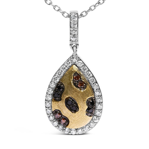 10K Yellow Gold Plated Sterling Silver Mixed Color Diamond Accent Pear Halo Pendant Necklace