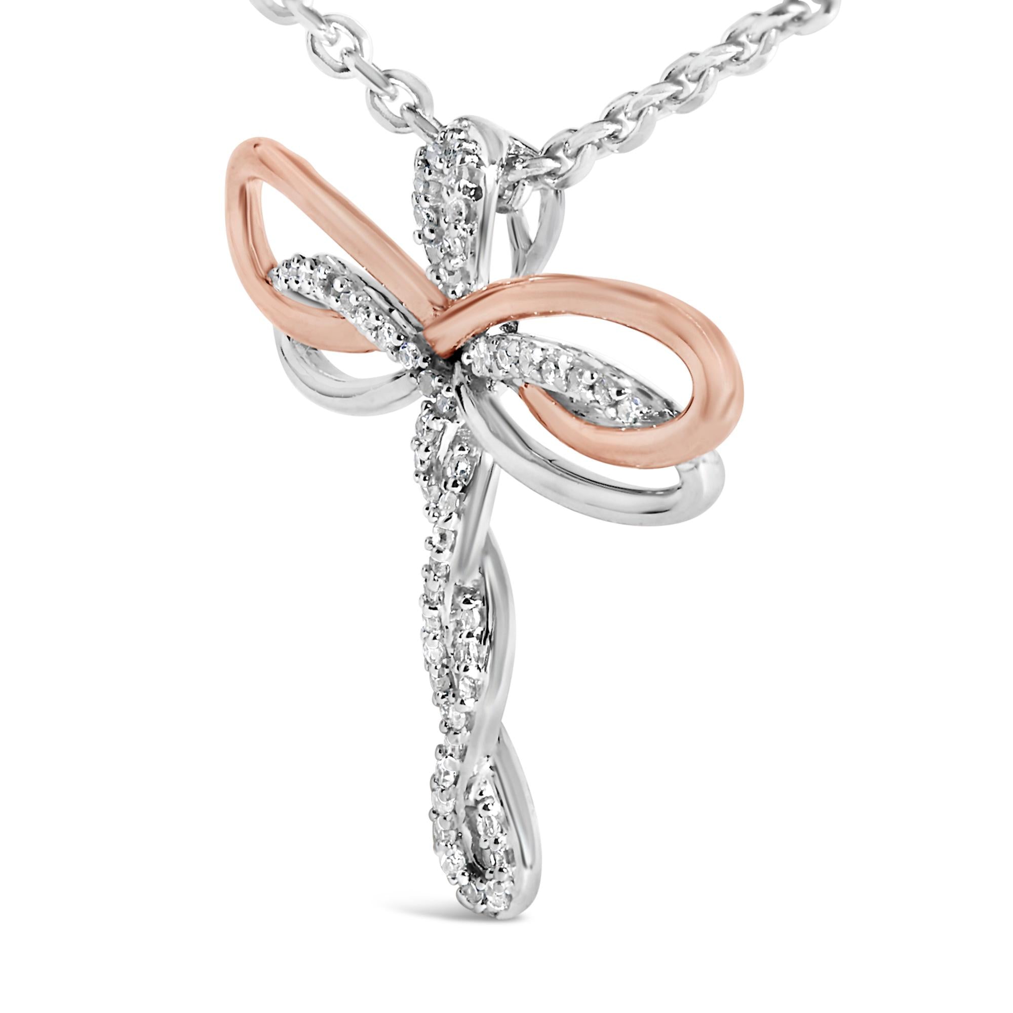 14K Rose Gold Plated Sterling Silver 1/10 Cttw Diamond Dragonfly Pendant Necklace-3