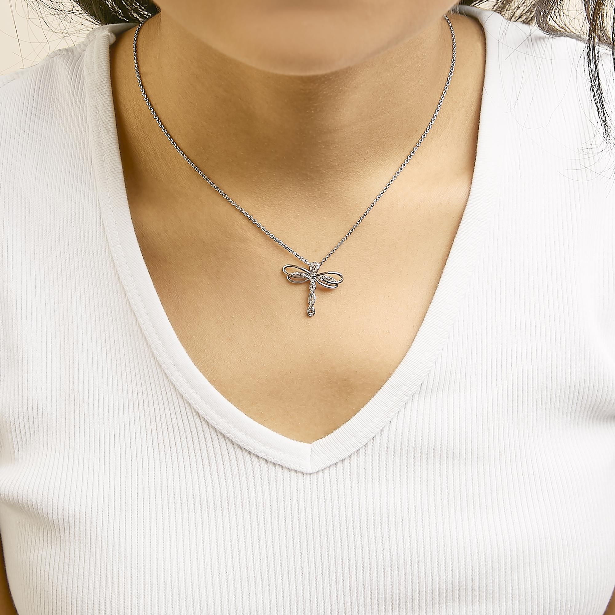 14K Rose Gold Plated Sterling Silver 1/10 Cttw Diamond Dragonfly Pendant Necklace-2