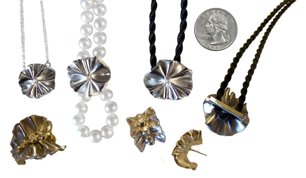 Ruffle Pendant: Single Diamond in 18K Gold Dot Set in Sterling Silver-11