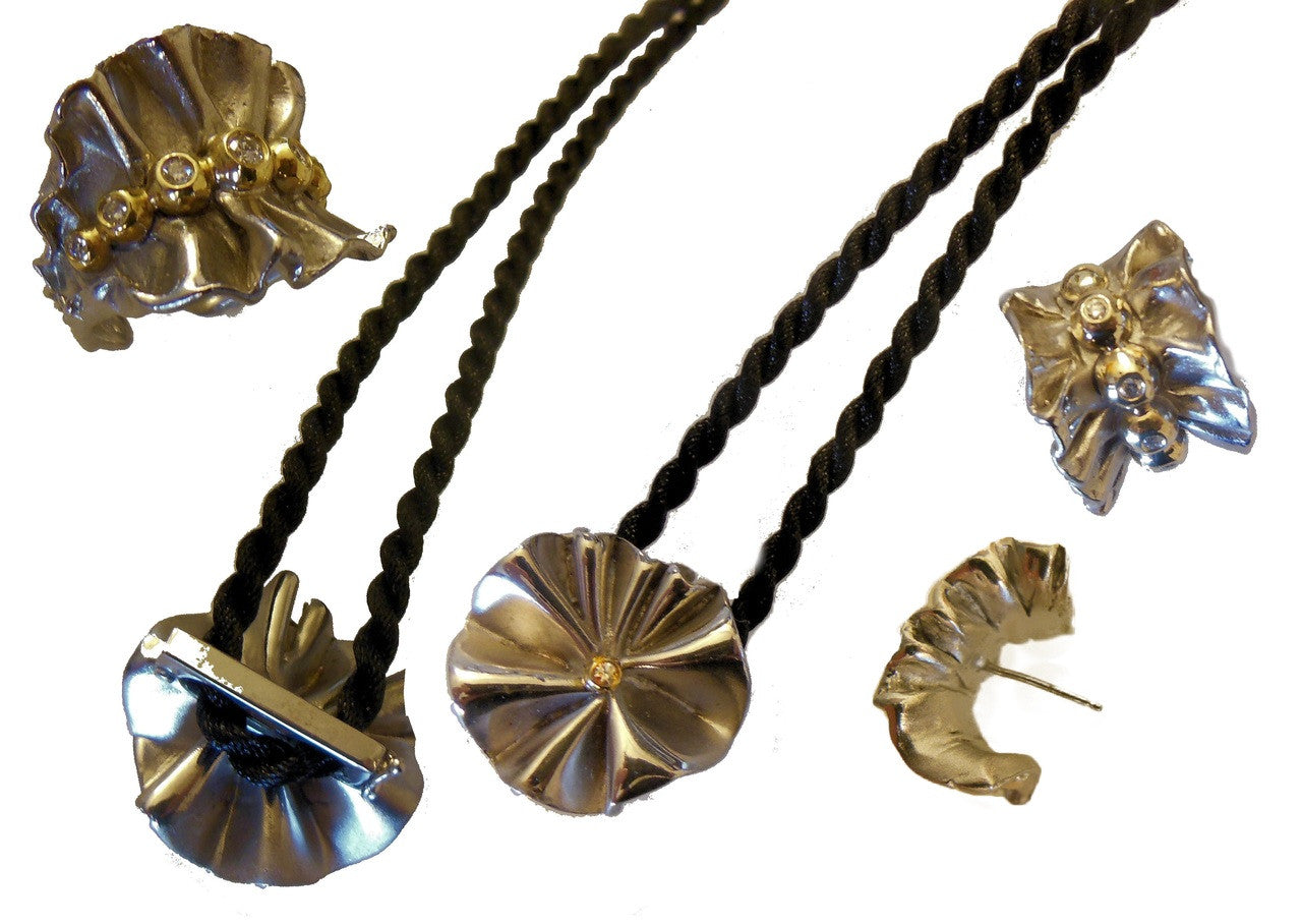 Ruffle Pendant: Single Diamond in 18K Gold Dot Set in Sterling Silver-13