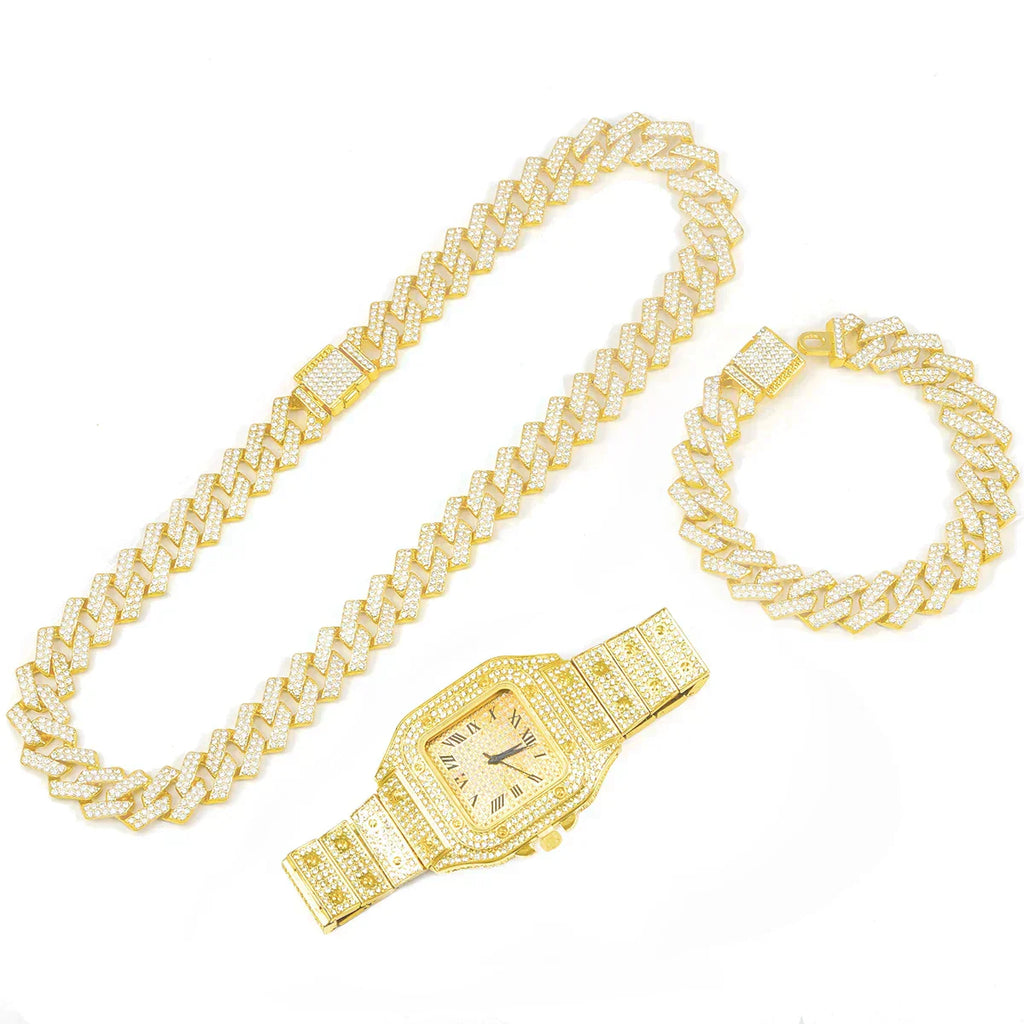 Men's Gold Watch & Jewelry Set – 3pc with Cuban Chain Bracele