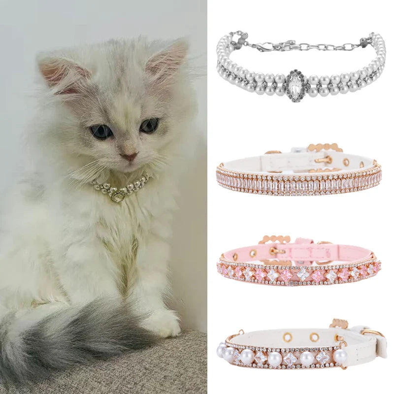 Luxury Cat Puppy Pearl Necklace Rhinestone Collar for Cats Small Dogs Ragdoll Cat Sphynx Necklaces Pet Accessories collier chat-0