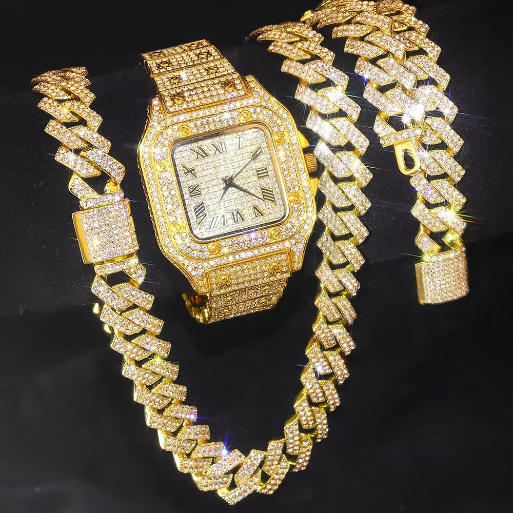 Men's Gold Watch & Jewelry Set – 3pc with Cuban Chain Bracele