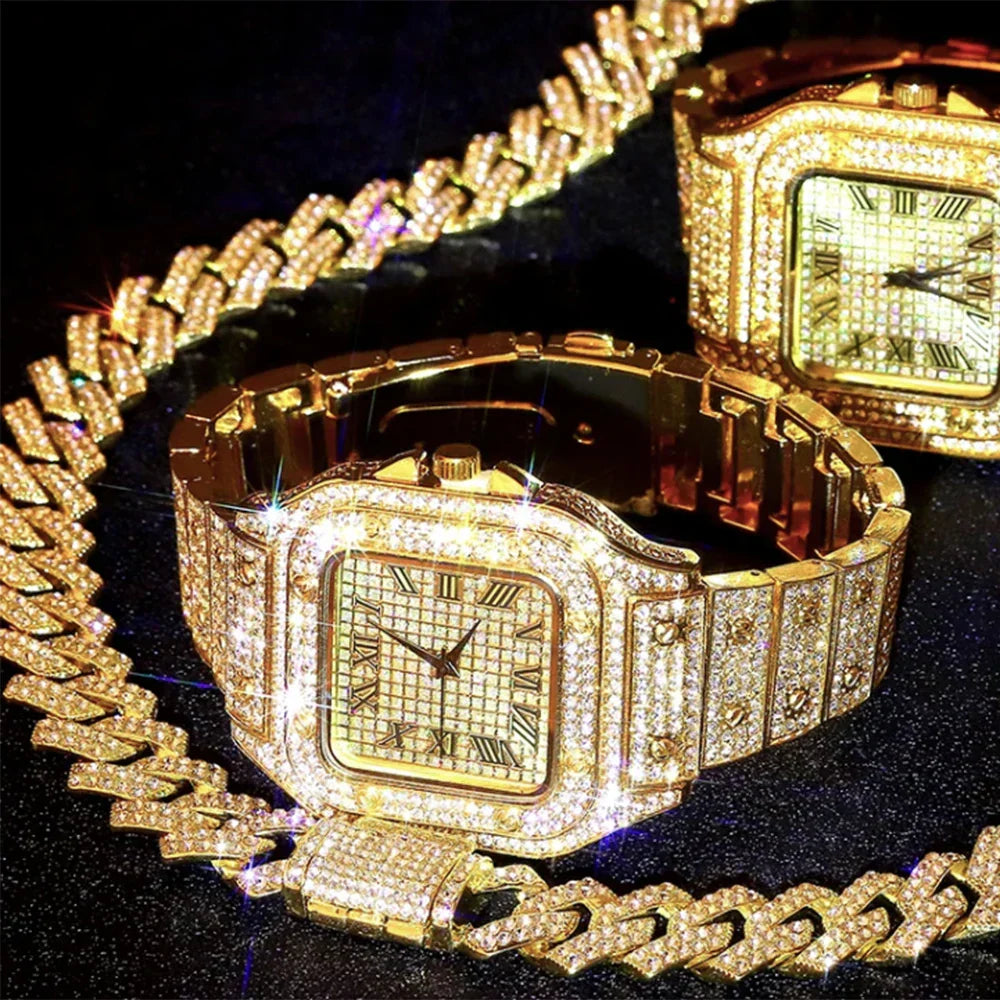 Men's Gold Watch & Jewelry Set – 3pc with Cuban Chain Bracele
