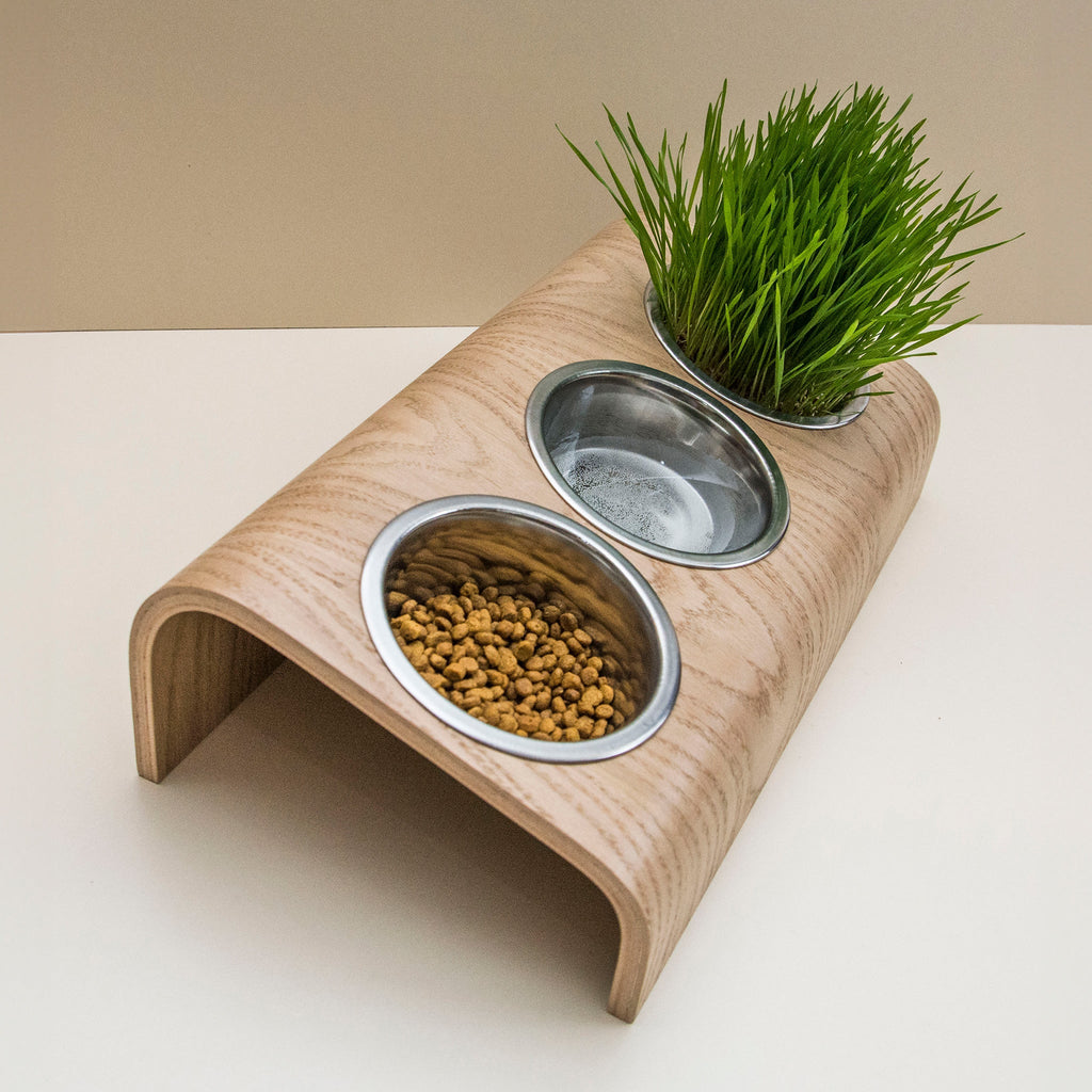 Wooden Elevated Cat and Dog Bowl Stand with 3 Bowls-3